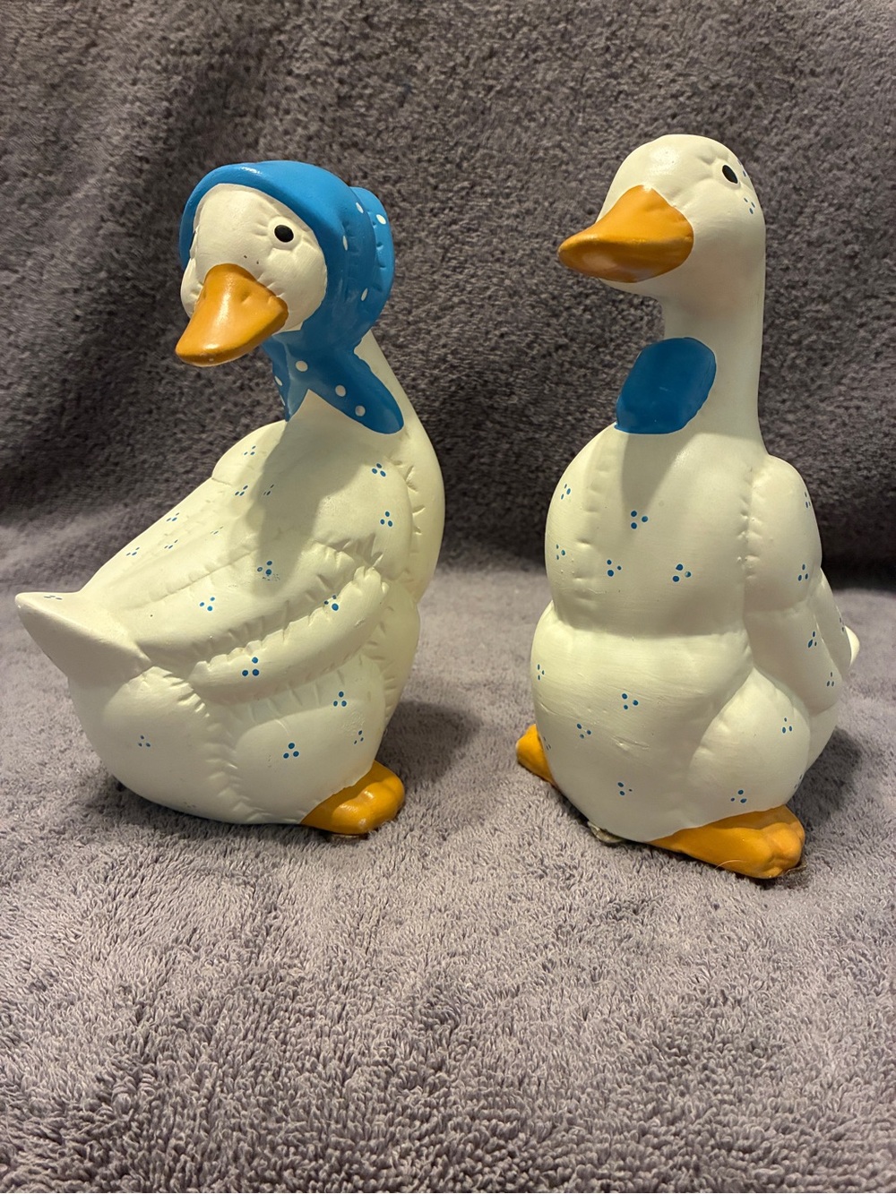 White and Blue Ceramic Duck Figurine Pair - Farmhouse Table Decor